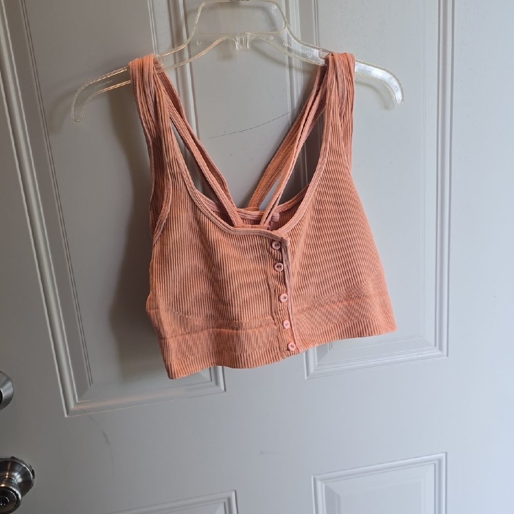 Peach Ribbed Button-Up Crop Top